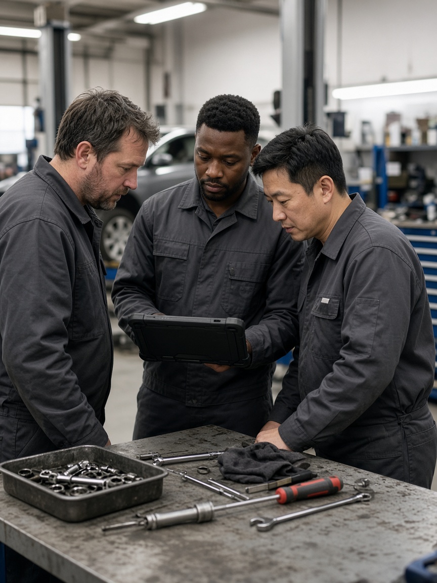 Technician performing scheduled vehicle maintenance